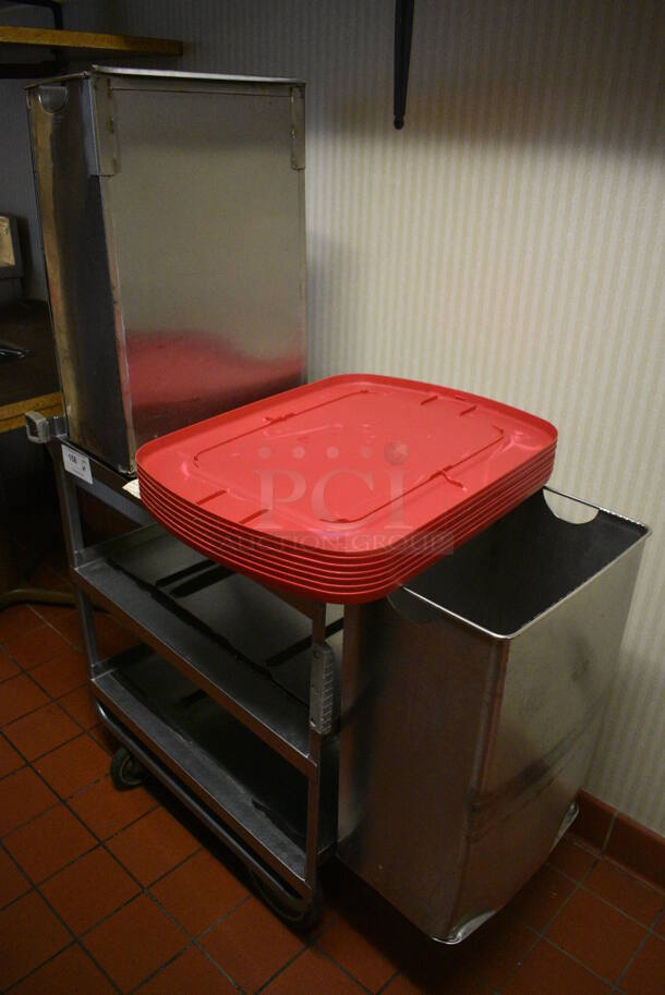 ALL ONE MONEY! Lot of Stainless Steel 3 Tier Cart w/ 2 Trash Cans and Red Poly Lids on Commercial Casters. 42x19x34.5. (kitchen hallway) - Image 2 of 4