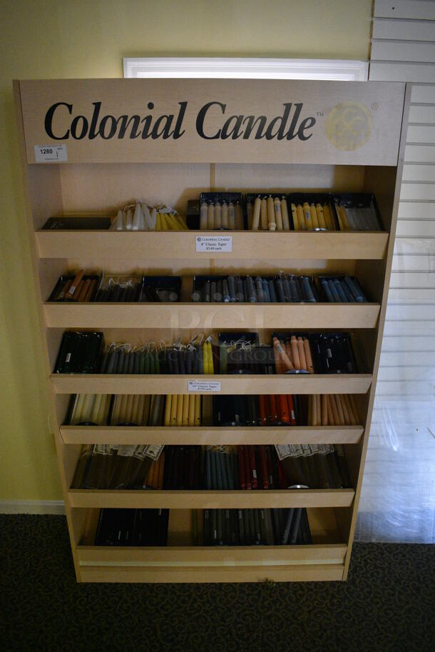Wooden Shelving Unit w/ Contents Including Candle Sticks. 48x15x81. (yellow clothing store)