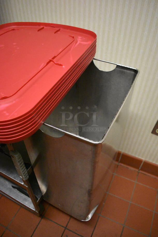 ALL ONE MONEY! Lot of Stainless Steel 3 Tier Cart w/ 2 Trash Cans and Red Poly Lids on Commercial Casters. 42x19x34.5. (kitchen hallway) - Image 3 of 4
