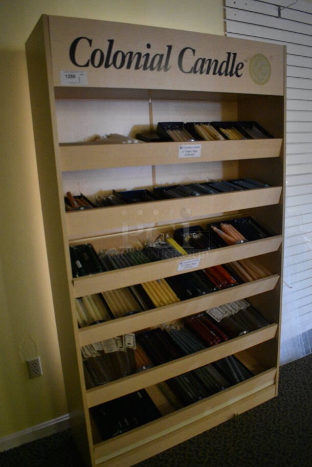 Wooden Shelving Unit w/ Contents Including Candle Sticks. 48x15x81. (yellow clothing store) - Image 2 of 6