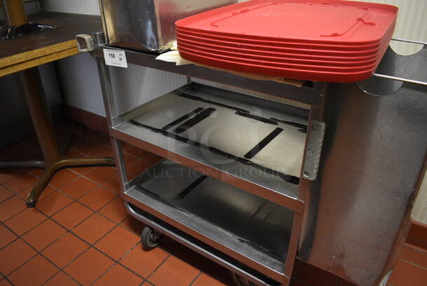ALL ONE MONEY! Lot of Stainless Steel 3 Tier Cart w/ 2 Trash Cans and Red Poly Lids on Commercial Casters. 42x19x34.5. (kitchen hallway) - Image 4 of 4