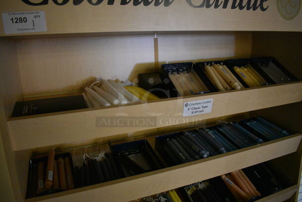 Wooden Shelving Unit w/ Contents Including Candle Sticks. 48x15x81. (yellow clothing store) - Image 3 of 6