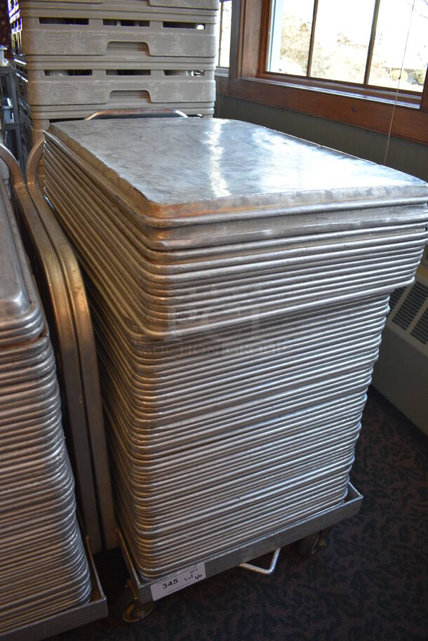 Metal Commercial Baking Pan Cart w/ Push Handle and 66 Full Size Metal Baking Pans on Commercial Casters. 29x21x32. 18x26x1. (back dining room) - Image 3 of 3