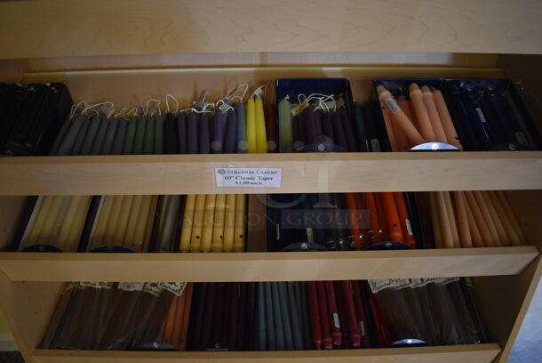 Wooden Shelving Unit w/ Contents Including Candle Sticks. 48x15x81. (yellow clothing store) - Image 4 of 6