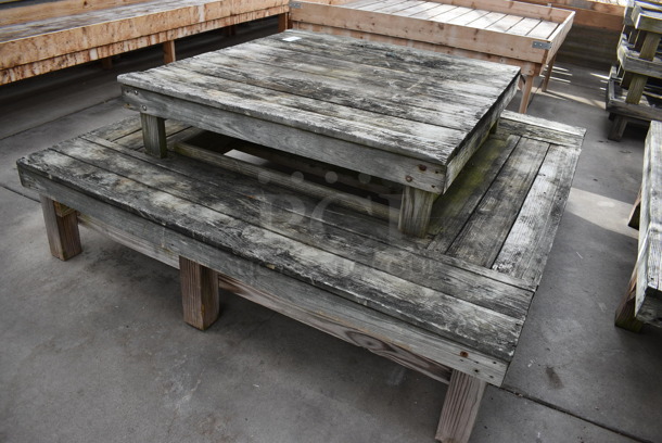 Wooden 2 Tier Stand. Comes In Two Pieces. BUYER MUST REMOVE. 72.5x72.5x17, 48x49x12. (greenhouse) - Image 2 of 4