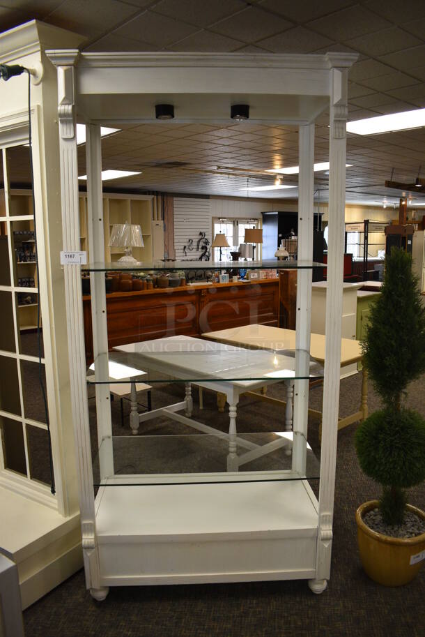 White Wooden Shelving Unit w/ 3 Glass Shelves. 44x26x92. (garden center)