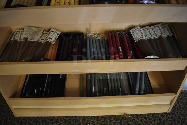Wooden Shelving Unit w/ Contents Including Candle Sticks. 48x15x81. (yellow clothing store) - Image 5 of 6