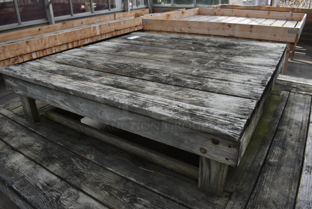 Wooden 2 Tier Stand. Comes In Two Pieces. BUYER MUST REMOVE. 72.5x72.5x17, 48x49x12. (greenhouse) - Image 3 of 4