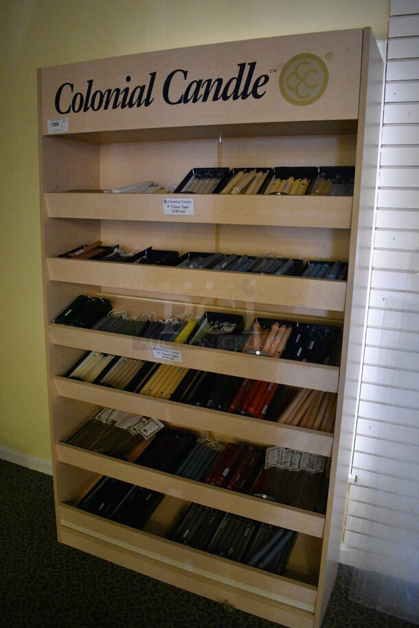 Wooden Shelving Unit w/ Contents Including Candle Sticks. 48x15x81. (yellow clothing store) - Image 6 of 6