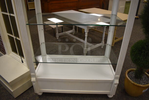 White Wooden Shelving Unit w/ 3 Glass Shelves. 44x26x92. (garden center) - Image 3 of 4