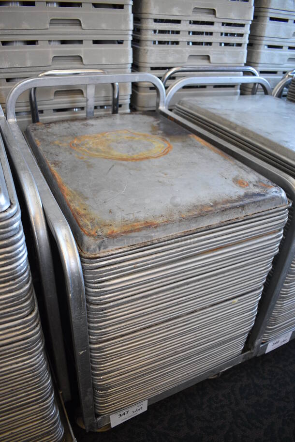 Metal Commercial Baking Pan Cart w/ Push Handle and 53 Full Size Metal Baking Pans on Commercial Casters. 27x21x33. 18x26x1. (back dining room) - Image 2 of 4