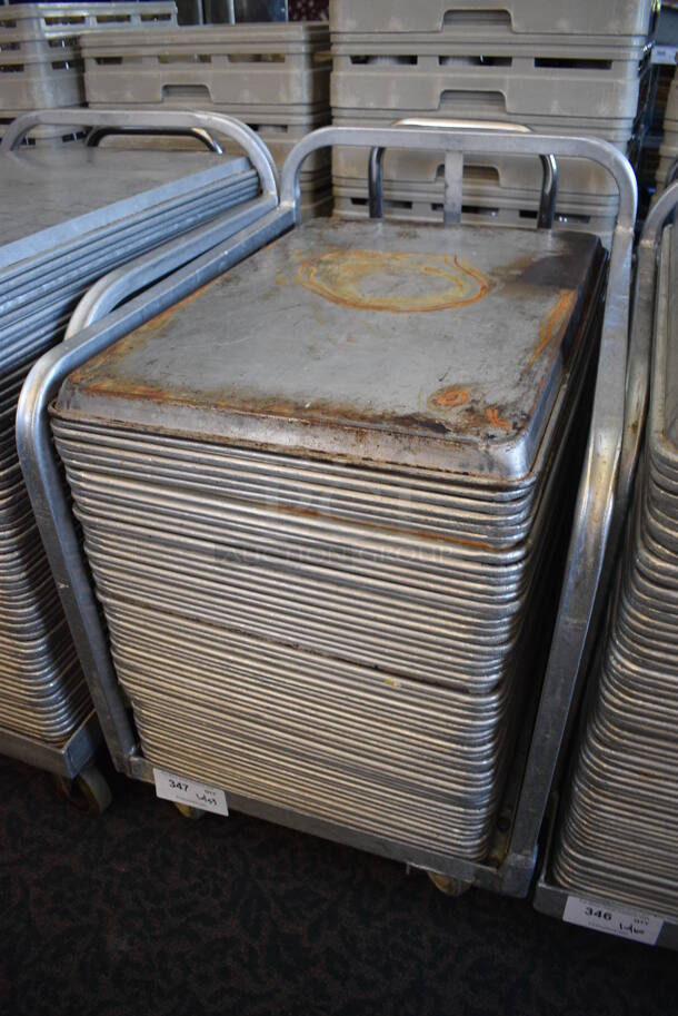 Metal Commercial Baking Pan Cart w/ Push Handle and 53 Full Size Metal Baking Pans on Commercial Casters. 27x21x33. 18x26x1. (back dining room) - Image 3 of 4