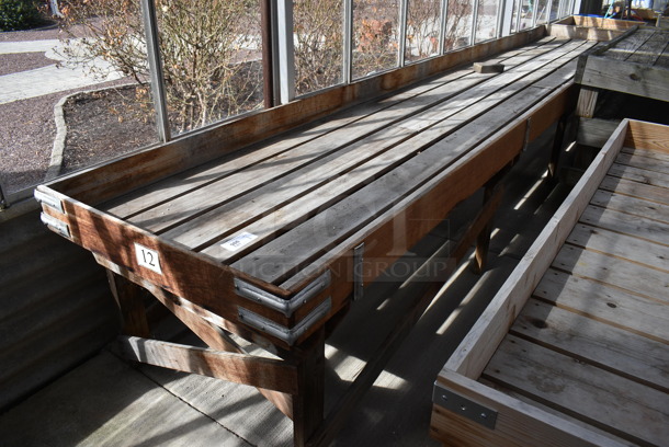 Wooden Stand. Comes In Two Pieces. BUYER MUST REMOVE. 216x36.5x28.5, 56x36x28.5. (greenhouse)