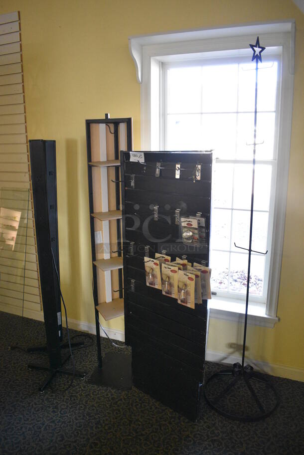 ALL ONE MONEY! Lot of 4 Various Stands Including Power Strip and Racks. Includes 18x18x80. (yellow clothing store)