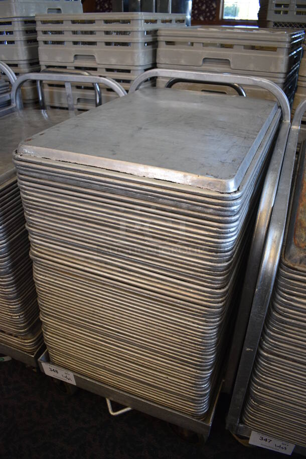 Metal Commercial Baking Pan Cart w/ Push Handle and 61 Full Size Metal Baking Pans on Commercial Casters. 29x21x33.5. 18x26x1. (back dining room) - Image 3 of 4