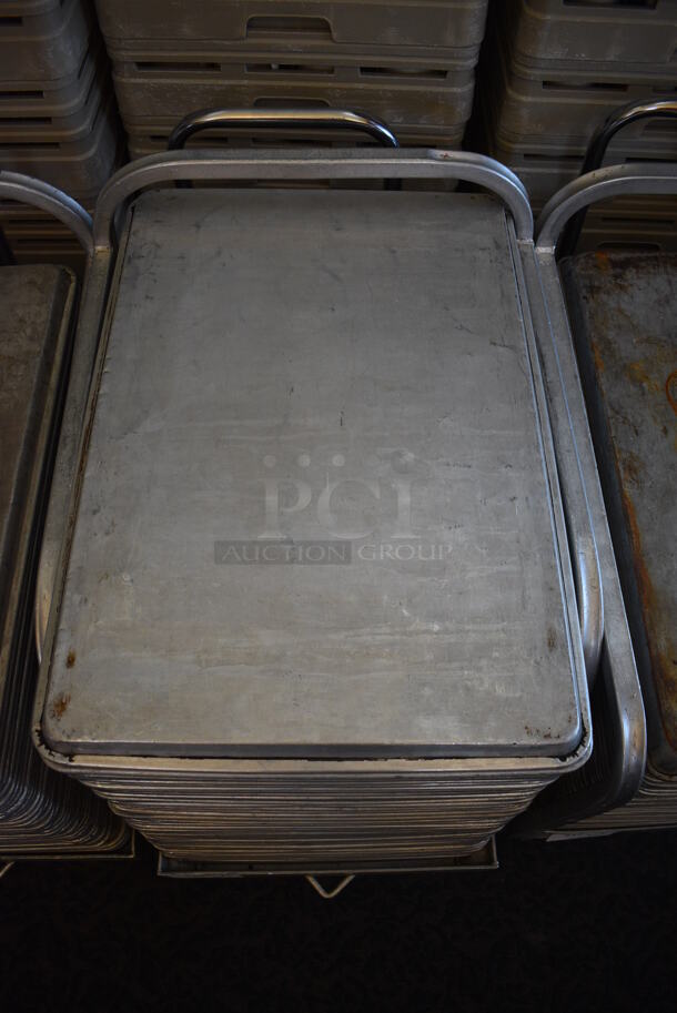 Metal Commercial Baking Pan Cart w/ Push Handle and 61 Full Size Metal Baking Pans on Commercial Casters. 29x21x33.5. 18x26x1. (back dining room) - Image 4 of 4
