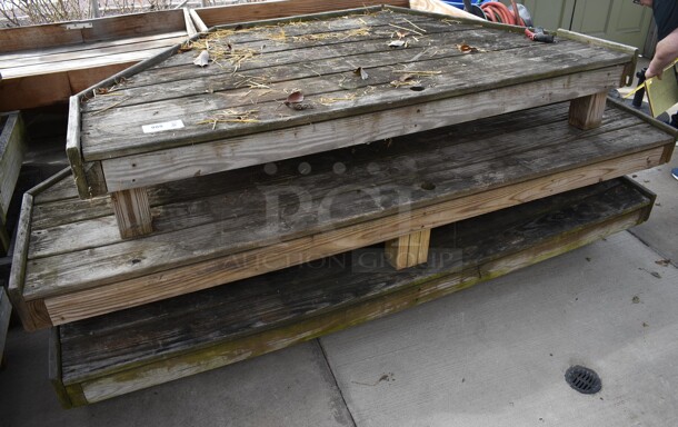 3 Wooden Stands. BUYER MUST REMOVE. 88.5x44x12, 73.5x36.5x12. 3 Times Your Bid! (greenhouse)