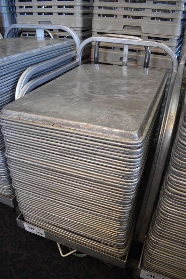 Metal Commercial Baking Pan Cart w/ Push Handle and 54 Full Size Metal Baking Pans on Commercial Casters. 29x21x32. 18x26x1. (back dining room) - Image 3 of 4
