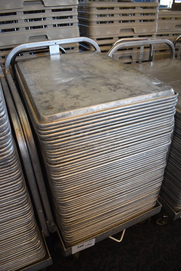 Metal Commercial Baking Pan Cart w/ Push Handle and 60 Full Size Metal Baking Pans on Commercial Casters. 29x21x33.5. 18x26x1. (back dining room) - Image 3 of 4