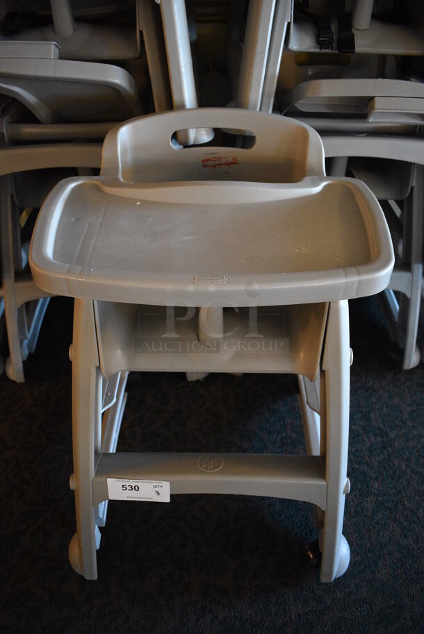 3 Rubbermaid Gray Poly High Chairs on Commercial Casters. 22x23x31. 3 Times Your Bid! (main dining room)