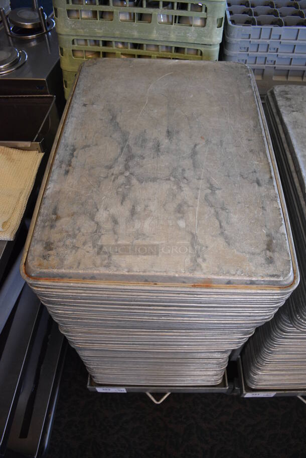Metal Commercial Baking Pan Cart w/ Push Handle and 83 Full Size Metal Baking Pans on Commercial Casters. 29x21x33. 18x26x1. (back dining room) - Image 4 of 4