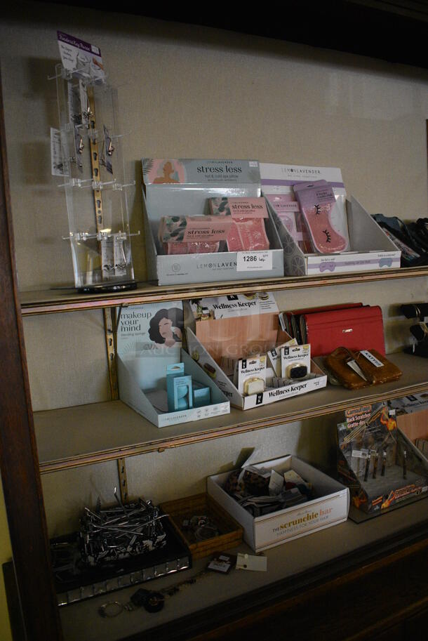 ALL ONE MONEY! Lot of Various Goods Including Make Up Sponges, Jewelry and Signs! BUYER MUST REMOVE. (yellow clothing store) - Image 2 of 6