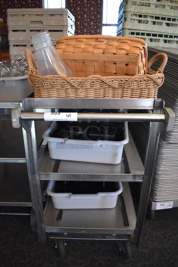 Stainless Steel Commercial 3 Tier Cart w/ Push Handle, Trash Can, Black Poly Jelly Holders and Baskets on Commercial Casters. 41x19.5x34.5. (back dining room) - Image 6 of 6