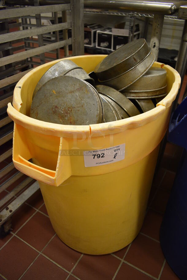 ALL ONE MONEY! Lot of Metal Round Baking Pans in Yellow Poly Trash Can! Includes 8.25x8.25x2. (bakery kitchen)