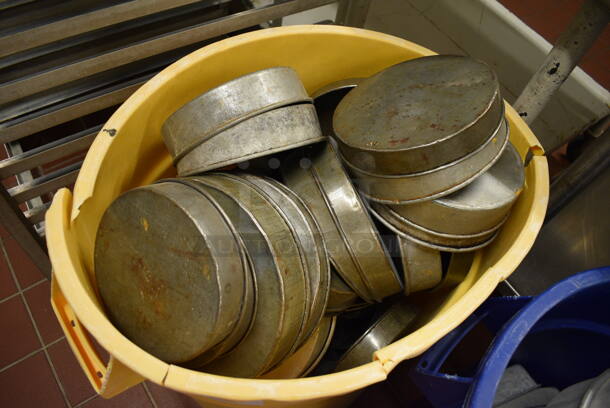 ALL ONE MONEY! Lot of Metal Round Baking Pans in Yellow Poly Trash Can! Includes 8.25x8.25x2. (bakery kitchen) - Image 2 of 4