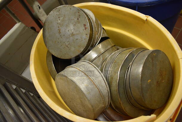 ALL ONE MONEY! Lot of Metal Round Baking Pans in Yellow Poly Trash Can! Includes 8.25x8.25x2. (bakery kitchen) - Image 3 of 4