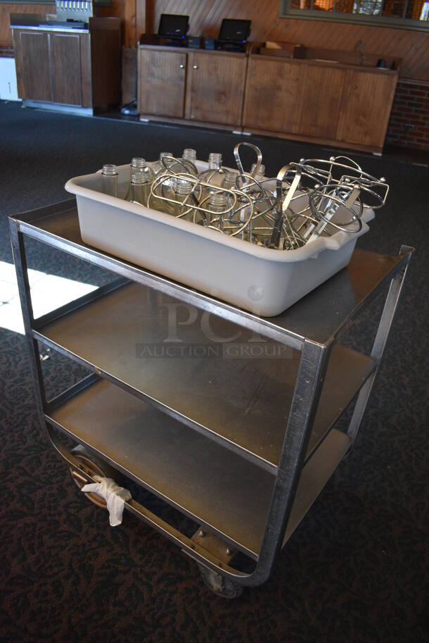 Stainless Steel Commercial 3 Tier Cart w/ Push Handle, Glass Liquid Condiment Holders and Metal Stands on Commercial Casters. 27.5x18x32.5. (back dining room) - Image 2 of 4
