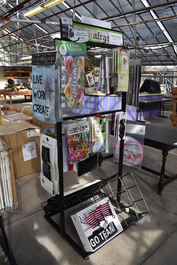 Black Metal Stand w/ Contents Including Mailbox Covers on Commercial Casters. 32x36x76. (greenhouse) - Image 2 of 7