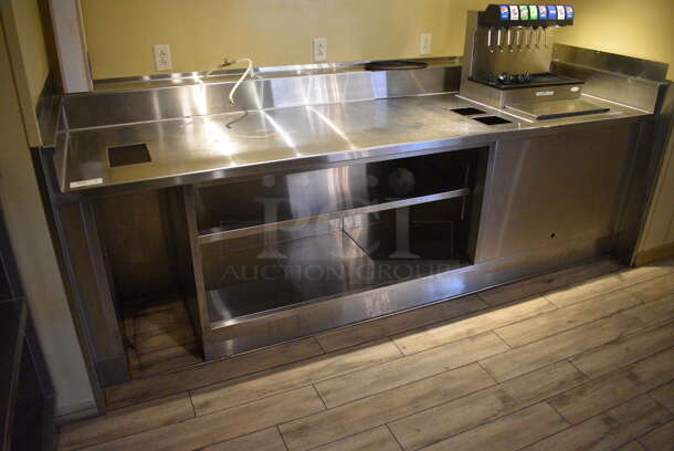 Stainless Steel Commercial Counter w/ 2 Under Shelves and Ice Bin. Does Not Include Contents. BUYER MUST REMOVE. 112x32x41. (main dining room - side drink kitchen)