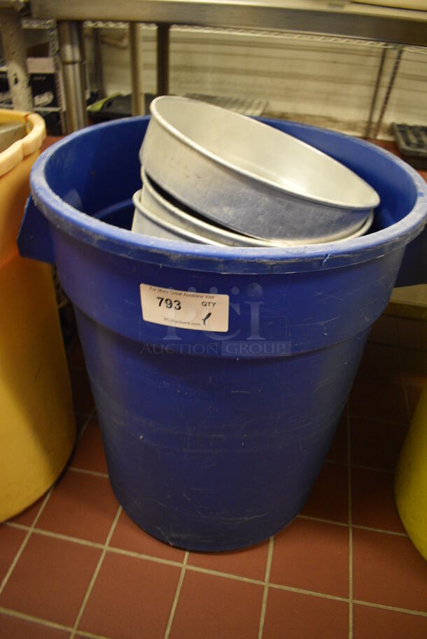 ALL ONE MONEY! Lot of Metal Round Baking Pans in Blue Poly Trash Can! Includes 14.5x14.5x3. (bakery kitchen)