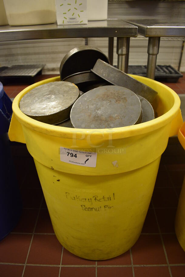 ALL ONE MONEY! Lot of Metal Round Baking Pans in Yellow Poly Trash Can! Includes 8.5x8.5x1.5. (bakery kitchen)