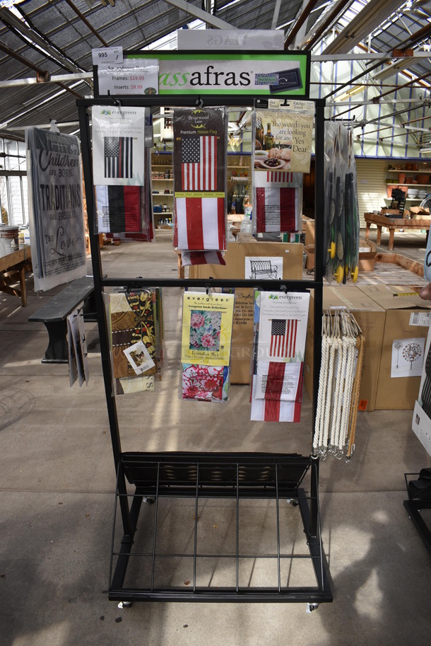 Black Metal Stand w/ Contents Including Flags on Commercial Casters. 32x36x76. (greenhouse)