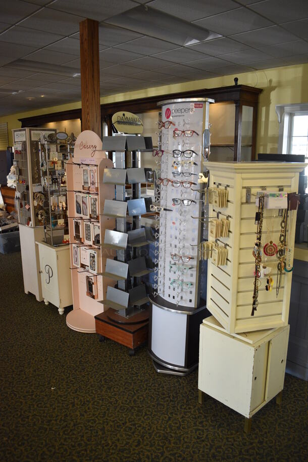 6 Various Racks w/ Contents Including Glasses and Glasses Cases. Includes 13.5x13.5x68. 6 Times Your Bid! (yellow clothing store) - Image 6 of 7