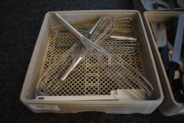 ALL ONE MONEY! Lot of Various Metal Whisks in Tan Poly Dish Caddy! 19.5x19.5x4. (back dining room)