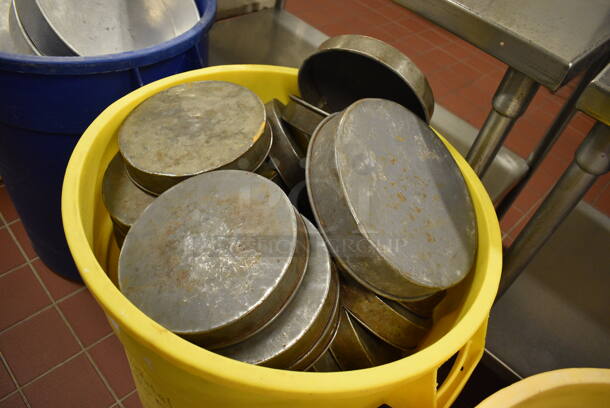 ALL ONE MONEY! Lot of Metal Round Baking Pans in Yellow Poly Trash Can! Includes 8.5x8.5x1.5. (bakery kitchen) - Image 4 of 4