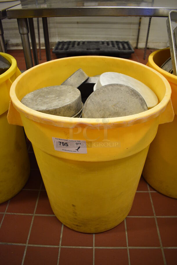 ALL ONE MONEY! Lot of Metal Round Baking Pans in Yellow Poly Trash Can! Includes 8.25x8.25x2. (bakery kitchen)