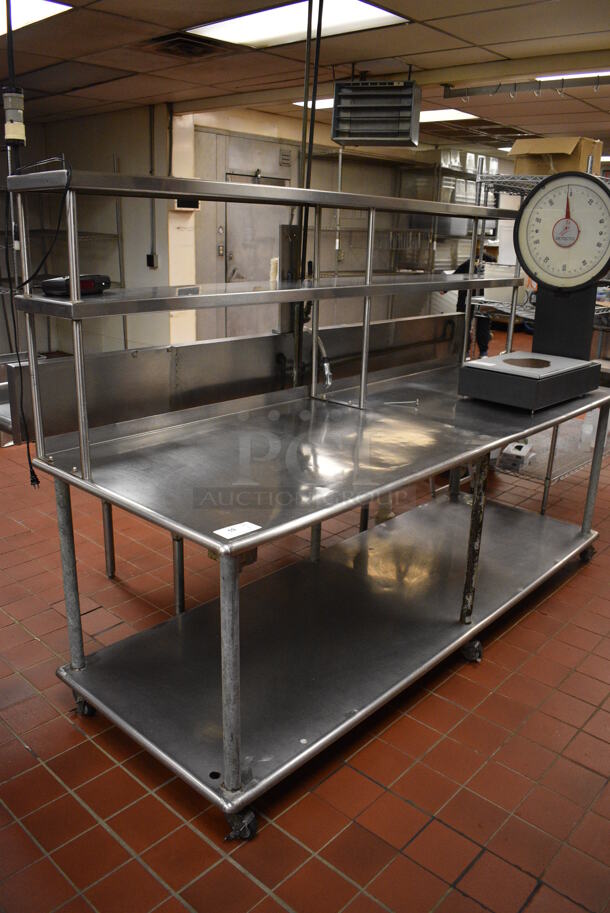 Stainless Steel Commercial Table w/ Double Over Shelf and Under Shelf on Commercial Casters. 96x34x64. (kitchen) - Image 1 of 5