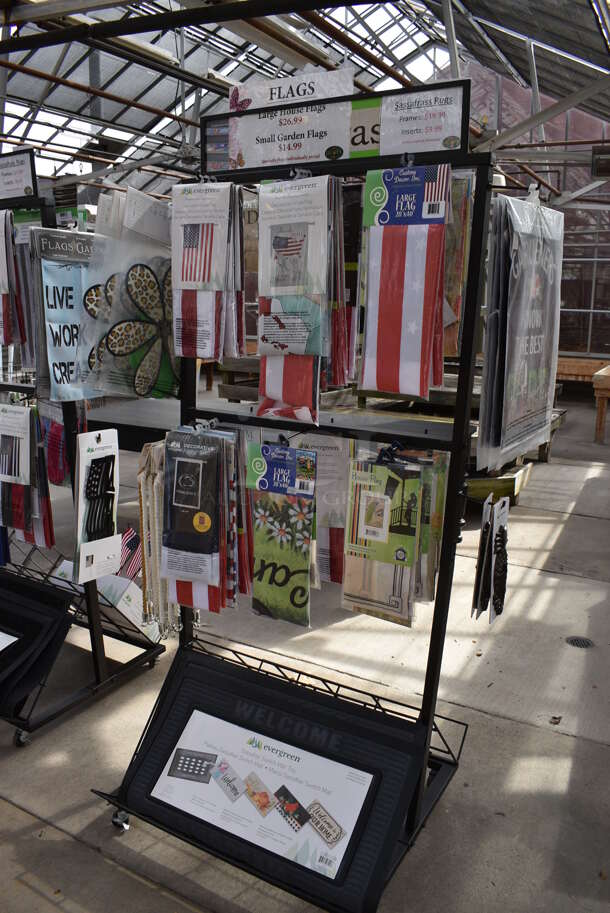 Black Metal Stand w/ Contents Including Flags on Commercial Casters. 32x36x76. (greenhouse) - Image 6 of 7