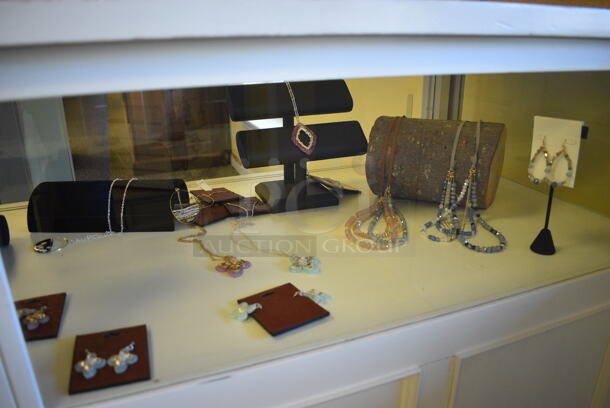 White Wooden Counter w/ Contents Including Jewelry. BUYER MUST REMOVE. 64x24x39. (yellow clothing store) - Image 3 of 7