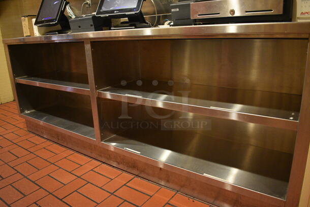 Stainless Steel Commercial Counter w/ Back Splash and 2 Under Shelves. Does Not Include Contents. BUYER MUST REMOVE. 96x23x40.5 (main dining room - POS Room) - Image 2 of 5