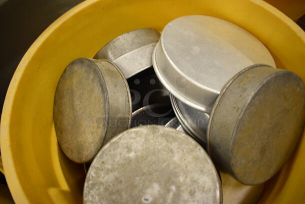 ALL ONE MONEY! Lot of Metal Round Baking Pans in Yellow Poly Trash Can! Includes 8.25x8.25x2. (bakery kitchen) - Image 4 of 4