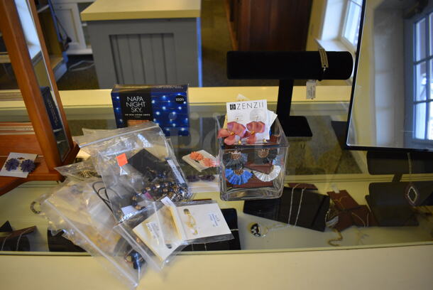 White Wooden Counter w/ Contents Including Jewelry. BUYER MUST REMOVE. 64x24x39. (yellow clothing store) - Image 5 of 7