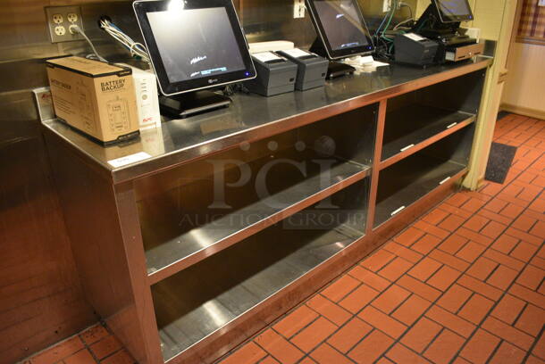 Stainless Steel Commercial Counter w/ Back Splash and 2 Under Shelves. Does Not Include Contents. BUYER MUST REMOVE. 96x23x40.5 (main dining room - POS Room) - Image 3 of 5