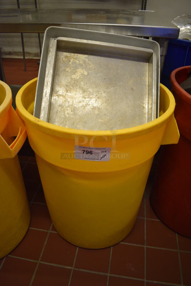 ALL ONE MONEY! Lot of Metal Baking Pans in Yellow Poly Trash Can! Includes 6.5x6.5x2. (bakery kitchen)