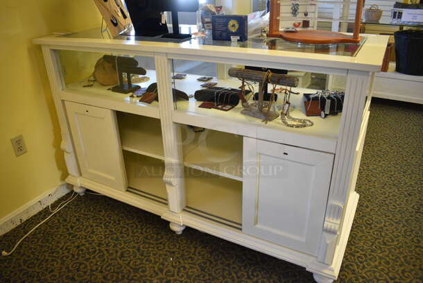White Wooden Counter w/ Contents Including Jewelry. BUYER MUST REMOVE. 64x24x39. (yellow clothing store) - Image 7 of 7