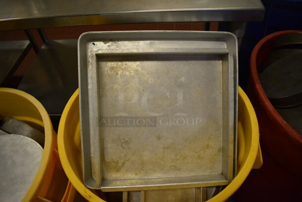 ALL ONE MONEY! Lot of Metal Baking Pans in Yellow Poly Trash Can! Includes 6.5x6.5x2. (bakery kitchen) - Image 2 of 4
